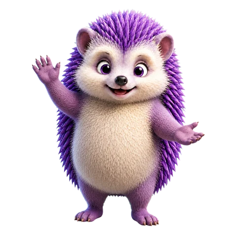 Vizzy, a friendly purple hedgehog, waves hello.